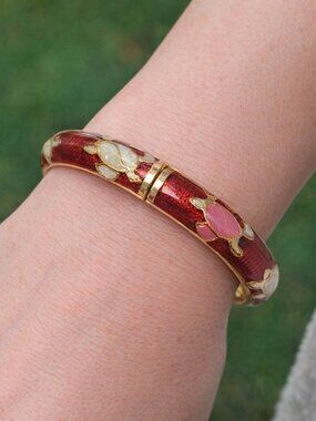 Vintage Red Cloisonné Turtle Hinged Bangle Bracelet Gold Enamel